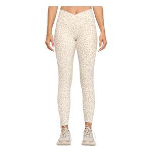 EVCR Tate Crossover Leggings Snow Taupe Leopard Print Hi-Rise Cropped S